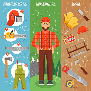 伐木工人垂直横幅的工作伐木工人垂直横幅的工作与森林男子与胡须工具,以切割矢量插图图片