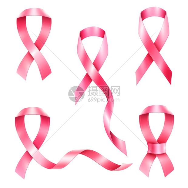 乳腺癌丝带套装白色背景矢量插图上分离的乳腺癌粉红色丝带符号的真实集合图片