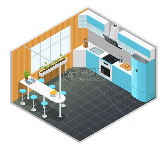 厨房内部等距插图厨房颜色等距与高桌电器矢量插图图片