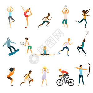 运动人平颜色图标运动员扁平彩色图标套轻的男女瑜伽体操,打网球,足球,排球,矢量插图图片