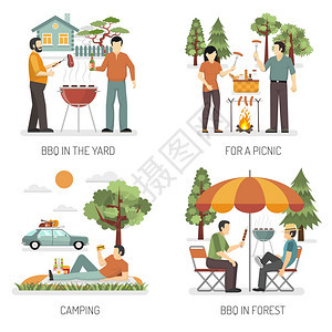 烧烤2x2理念烧烤2x2集的庭院公园森林露营平成野餐矢量插图的地方图片