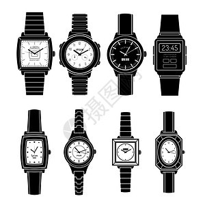 流行手表风格黑色图标现代复古流行手表风格黑色图标收集与机械自动石英隔离矢量插图图片