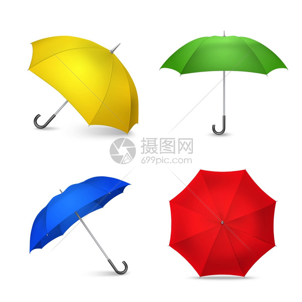 鲜艳的彩色雨伞4幅真实的图像女士时尚配饰4鲜艳的彩色雨伞,写实的方形构图,黄色蓝色绿色红色矢量插图图片