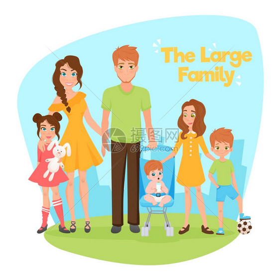 大型家庭插图大型家庭与轻父母,两个女儿,儿子小婴儿平矢量插图图片
