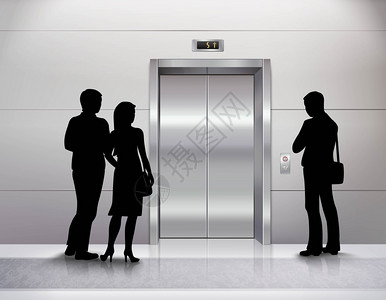 等待电梯的剪影三个男女的身影站现代电梯前,等待它的现实矢量插图图片