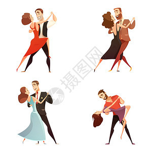 舞蹈复古卡通套装舞蹈复古卡通集男女跳舞经典曲目平矢量插图图片