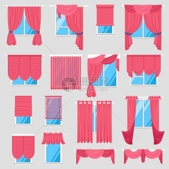 红色窗帘红色窗帘集复古纺品模型与兰贝金现代贾洛西罗马盲人孤立矢量插图图片