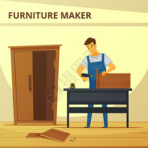 木匠装家具平海报木匠装家具平海报与轻的专业人员工作手锤橱柜抽象矢量插图图片