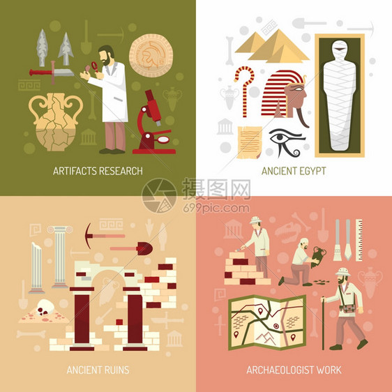 考古学插图彩色平构图2x2描绘考古文物研究古埃及遗址矢量插图图片