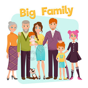 大幸福家庭插图大幸福的家庭与父母,祖父母,三个孩子狗蓝色白色背景平矢量插图图片