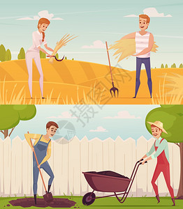 园丁工作作文两个园丁农民卡通人物合,以趣的卡通人物田野花园工作矢量插图图片