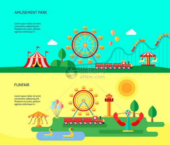 游乐园2平水平横幅游乐园公园景点2平水平横幅与旅游马戏帐篷抽象孤立矢量插图图片