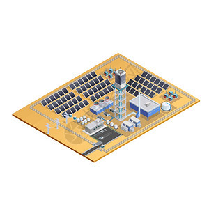 太阳站模型等距图像太阳能站综合体模型与镜塔变压器控制中心停车等距矢量插图图片