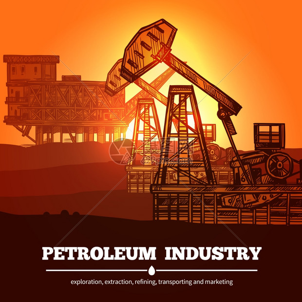 石油工业理念石油工业与手绘钻机描述勘探提炼运输营销矢量图图片