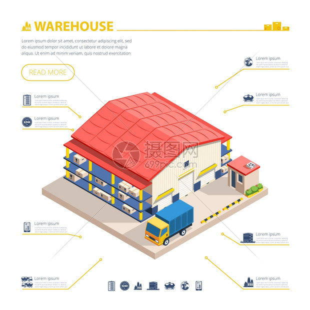 仓库建筑等距插图仓库建筑与卡车箱大门等距矢量插图图片