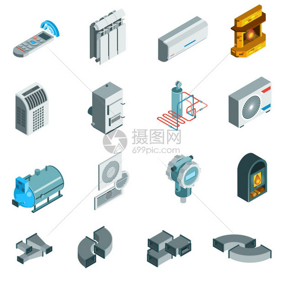 加热冷却系统等距图标加热冷却系统等距图标集同的元素平风格孤立矢量插图图片