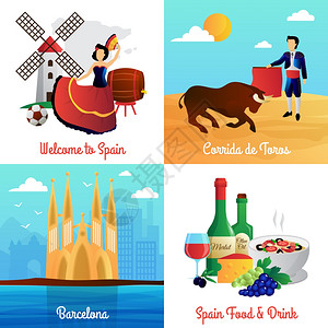 西牙旅游4平图标广场西牙旅行与弗拉门戈巴塞罗那大教堂食品4平图标广场海报抽象矢量孤立插图图片