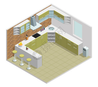 厨房内部等距厨房颜色等距与桌柜矢量插图图片