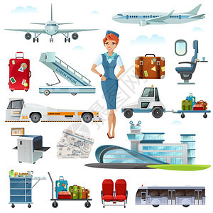 机场航配件平图标机场航属平图标与空姐行李机票抽象孤立矢量插图图片