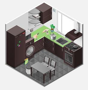 厨房内部等距成厨房内部等距成的棕色灰色与各种元素孤立矢量插图图片