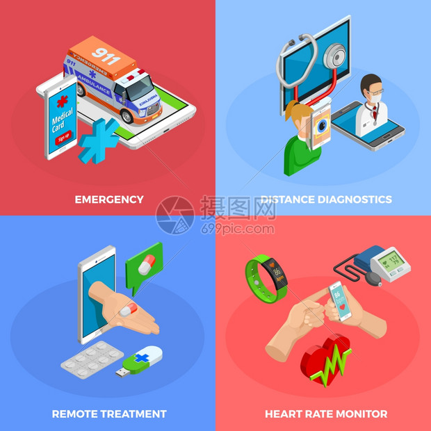 数字健康等距数字健康等距与现代小工具方法的医疗监测治疗孤立矢量插图图片