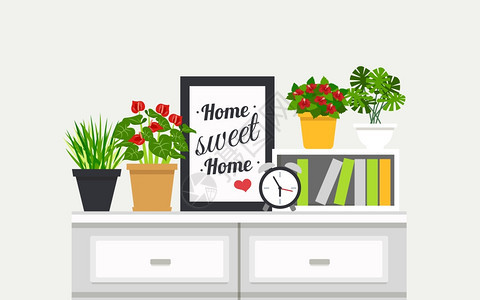 室内书架与室内植物甜蜜的家庭现代室内海报与室内植物闹钟的书架平矢量插图图片