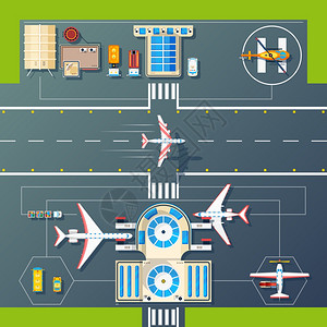 机场跑道顶部视图平图像机场跑道降落的空中顶视图用飞机直升机矢量插图剥离建筑物设施图片