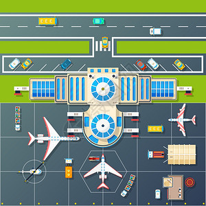 机场停车顶视图平图像机场建筑停车机场区域的飞机直升机与高速公路顶部视图抽象矢量插图图片