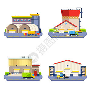 仓库平图标同大小形状的仓库建筑与货物运输平图标白色背景隔离矢量插图上图片