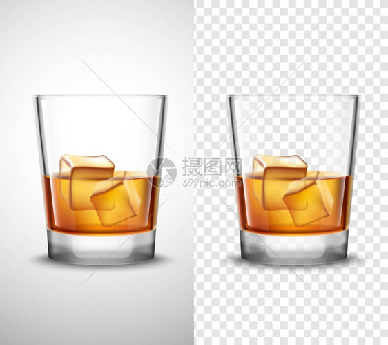 威士忌璃器皿现实透明横幅苏格兰威士忌眼镜酒精冰块2现实横幅与透明背景隔离矢量插图图片