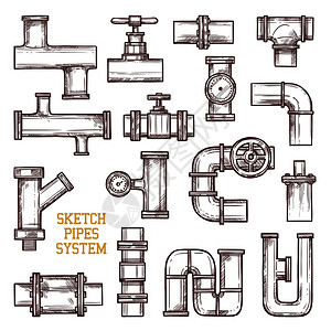 素描管道系统白色背景涂鸦矢量插图上绘制管道系统的同部分图片