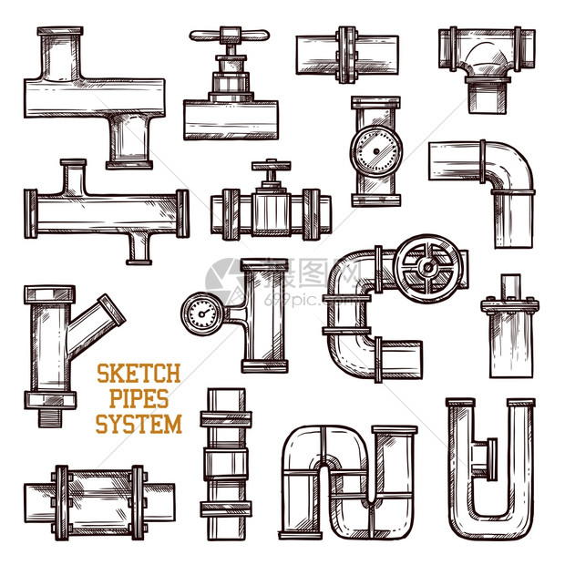 素描管道系统白色背景涂鸦矢量插图上绘制管道系统的同部分图片