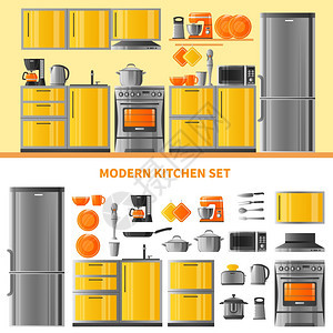 厨房理念与国内技术两个水平横幅与厨房现实理念,现代家庭技术厨具平矢量插图图片