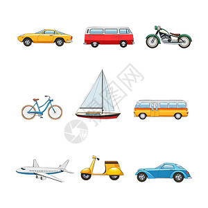 漫画运输装置漫画平运输图像集汽车,货车,摩托车,自行车,游艇,公共汽车,飞机,滑板车,矢量插图图片