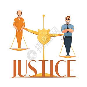 法律正义复古卡通构图海报法律管辖权司法规模的象征成与罪犯警官复古卡通矢量插图图片