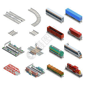 火车站元素图标等距图标集同的火车站元素,如铁路车厢机车其他矢量插图图片