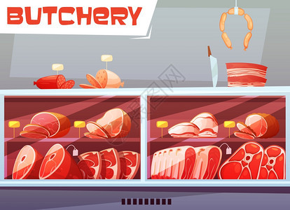 肉店的店店的肉店理念与价格标签肉制品由猪肉牛肉平矢量插图图片