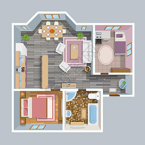 建筑平平图顶部视图建筑平图顶视图与客厅,浴室,厨房休息室家具矢量插图图片