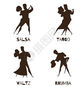 舞蹈夫妇黑色复古卡通图标古典搭档复古舞蹈4黑色卡通图标收集与华尔兹探戈萨尔萨孤立矢量插图图片