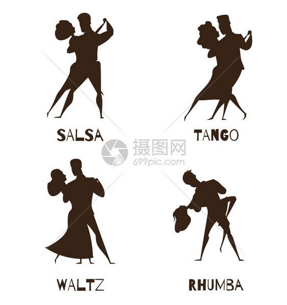 舞蹈夫妇黑色复古卡通图标古典搭档复古舞蹈4黑色卡通图标收集与华尔兹探戈萨尔萨孤立矢量插图图片