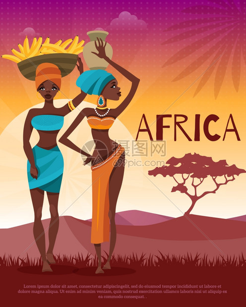 非洲文化部落传统平海报非洲文化民族服装俗传统平海报与妇女头巾自然背景矢量插图图片