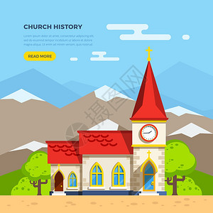 教堂平插图美丽的历史教堂建筑与钟楼周围的树木背景与山平矢量插图图片