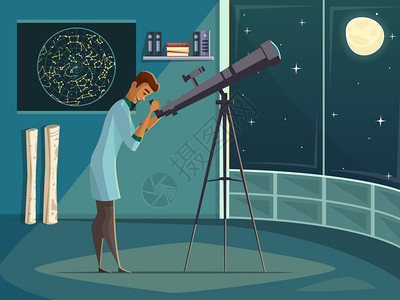 天文学家用望远镜复古卡通海报天文学家科学家打开的窗户观察夜空中的月亮,用望远镜复古卡通海报矢量插图图片