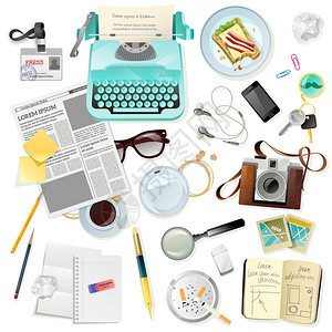 记者作家打字机的老式配件老式配件集记者作家打字员与打字机,照片,相机,纸,记事本,钢笔,平矢量插图图片