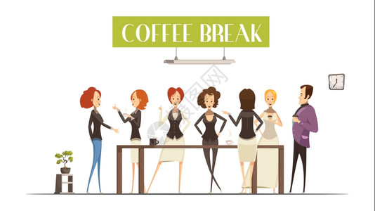 咖啡休息卡通风格插图欢快的女人男人咖啡休息时棕色桌子附近交流,卡通风格的矢量插图图片