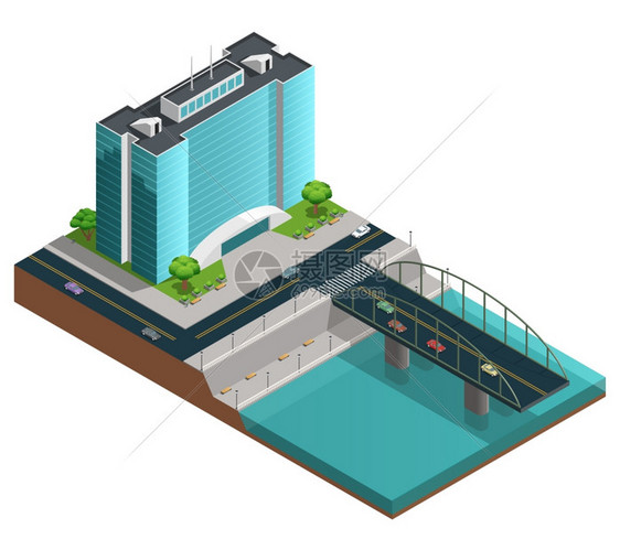 现代城市等距成等距城市成与多层现代建筑运河岸边的白色背景矢量插图图片