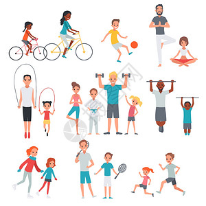 人们平健身套人们平健身集与父母儿童参与体育活动孤立矢量插图图片
