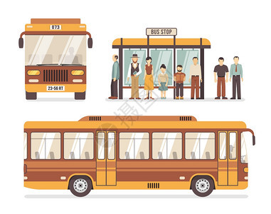 城市公共汽车站平图标彩色平装饰图标,描绘公交车站人城市公交矢量插图图片