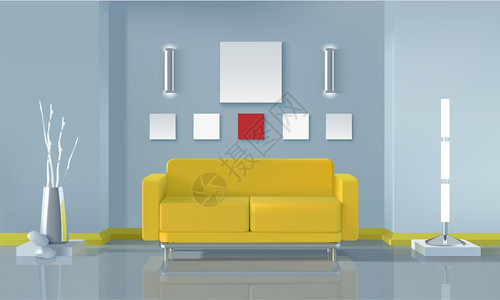 现代客厅室内现代客厅室内与黄色沙发灯具现实矢量插图图片