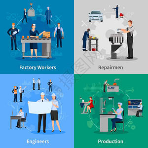 工厂工人2x2合物彩色2x2合物与专业人员工作中介绍工厂工人修理工工程师生产平矢量插图图片